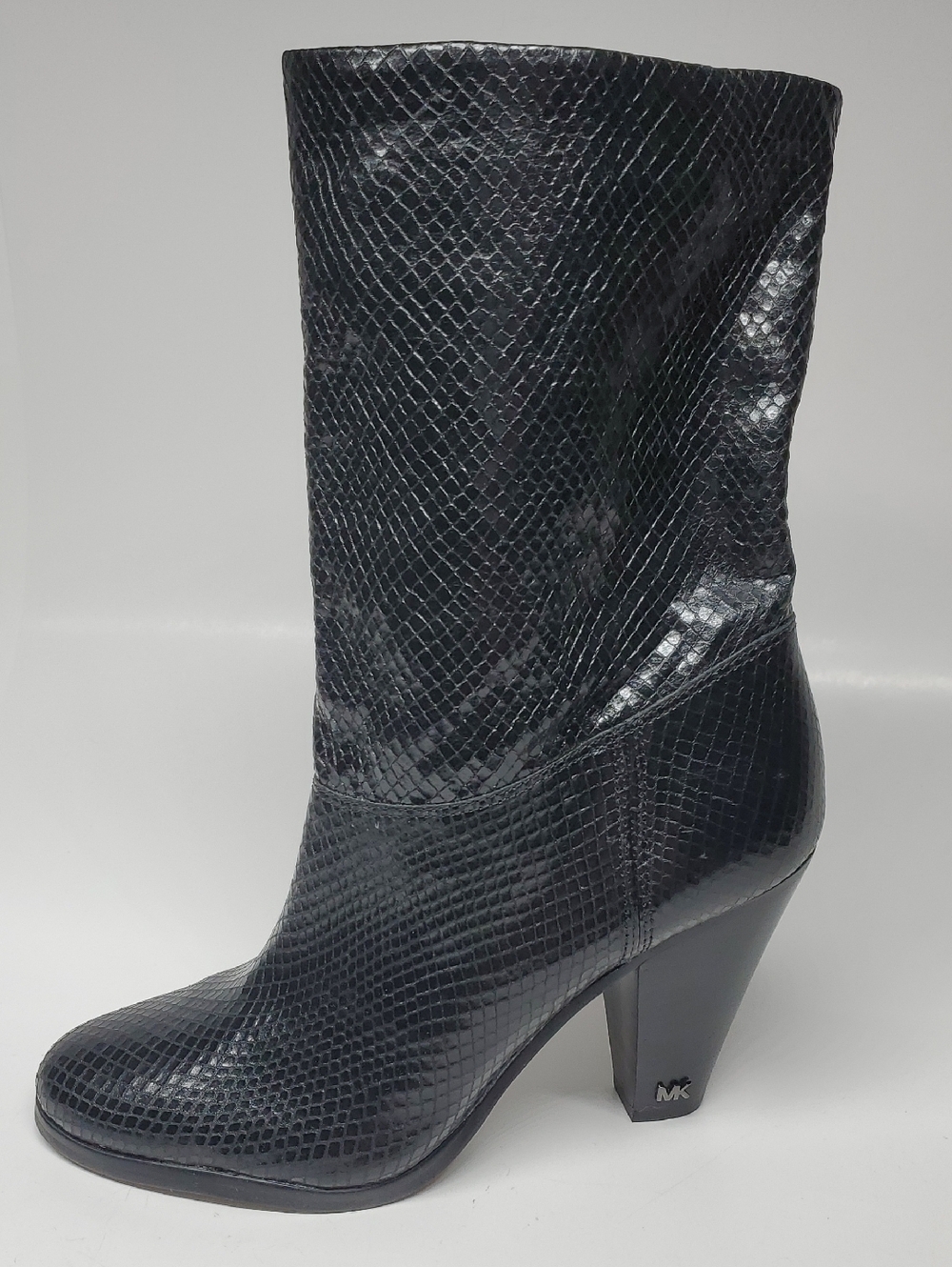 Michael Kors Snake Embossed Leather Mid Calf Boots Black Heeled Designer Boots